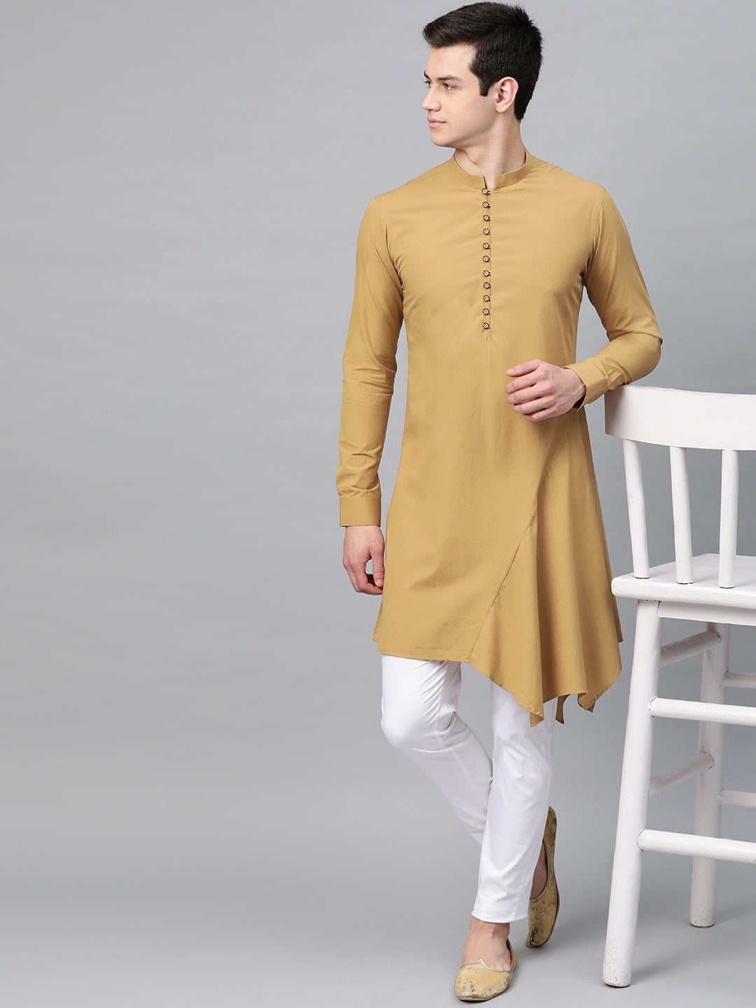 Men's Khaki Solid Asymmetrical Kurta With Pyjama - See Designs