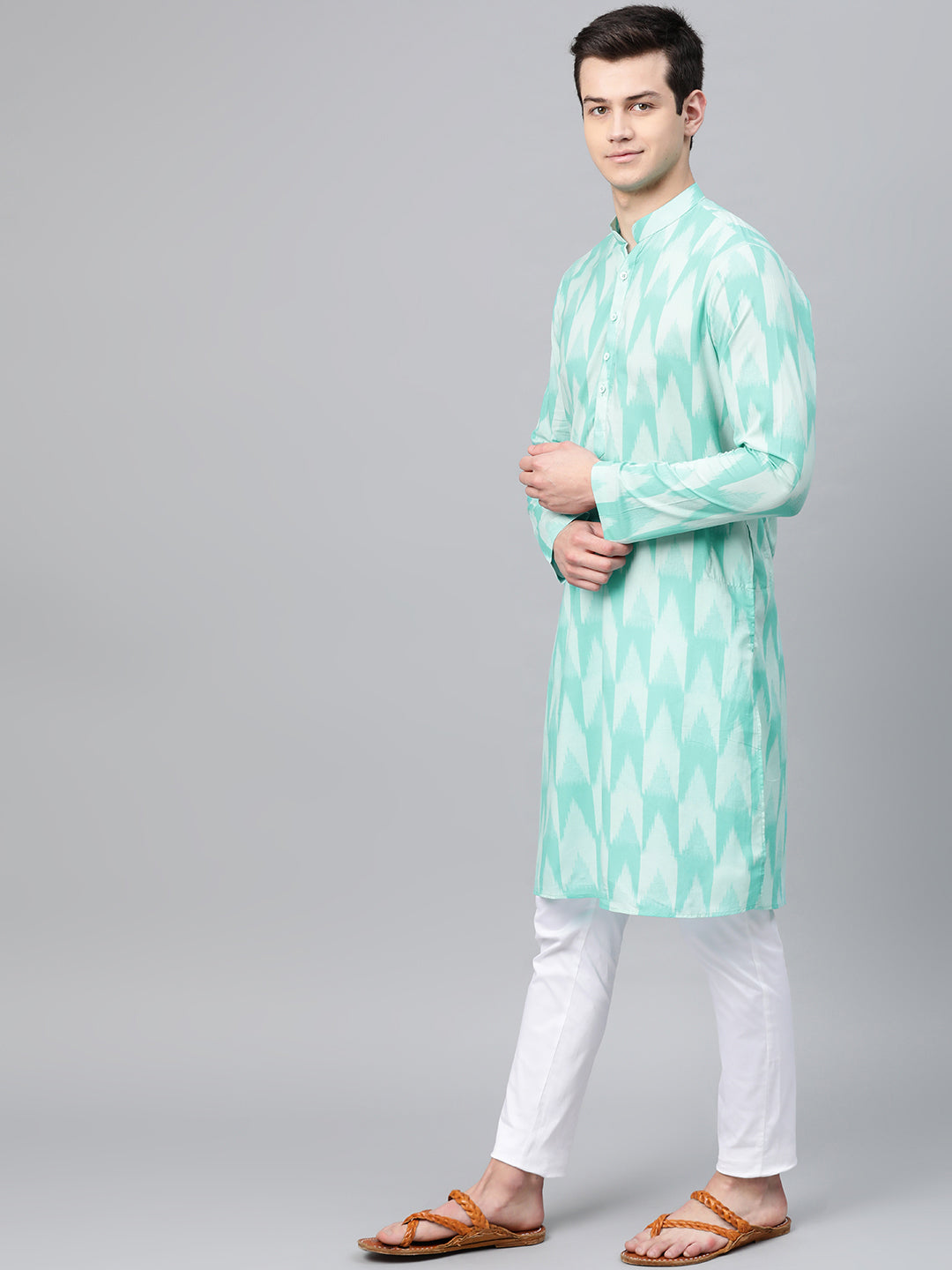 Men's Turquoise Blue Printed Straight Kurta - See Designs