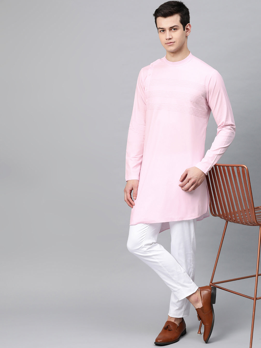 Men's Pink Solid Straight Kurta With Yoke Thread Work With Kurta Pyjama - See Designs