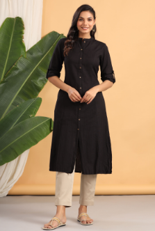 Women's Black Cotton Flex Solid A-Line Kurta - Juniper