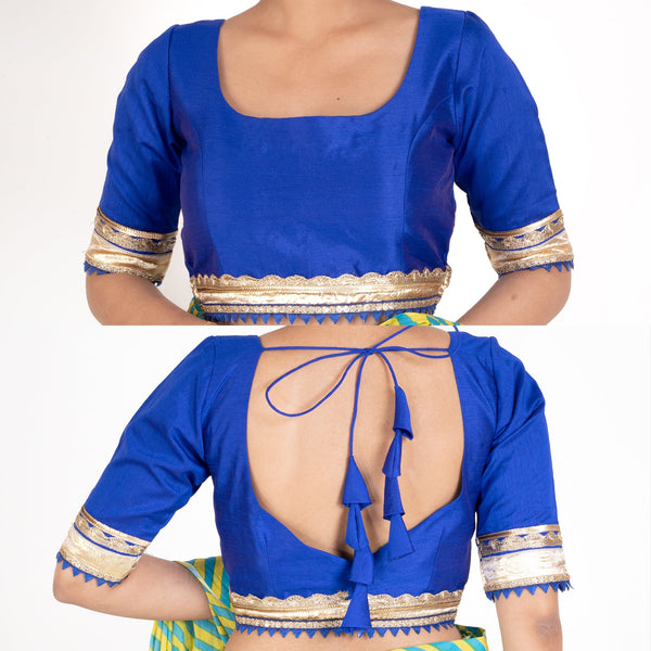 Women's Blue Rawsilk Padded Blouse With Golden Lace Detailing - Boveee