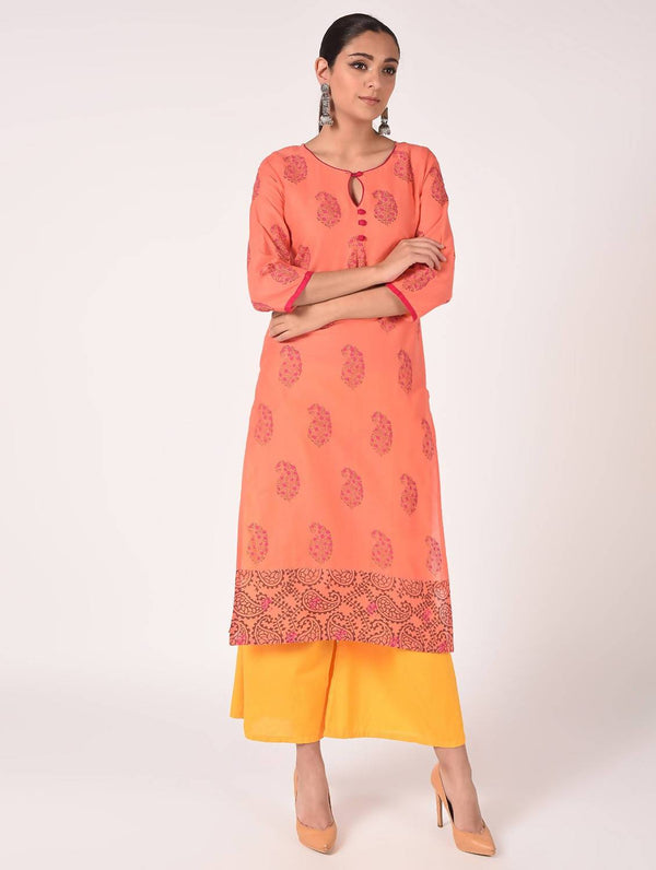 Women's Baby Pink Hand Block Print Straight Kurta Only - Cheera