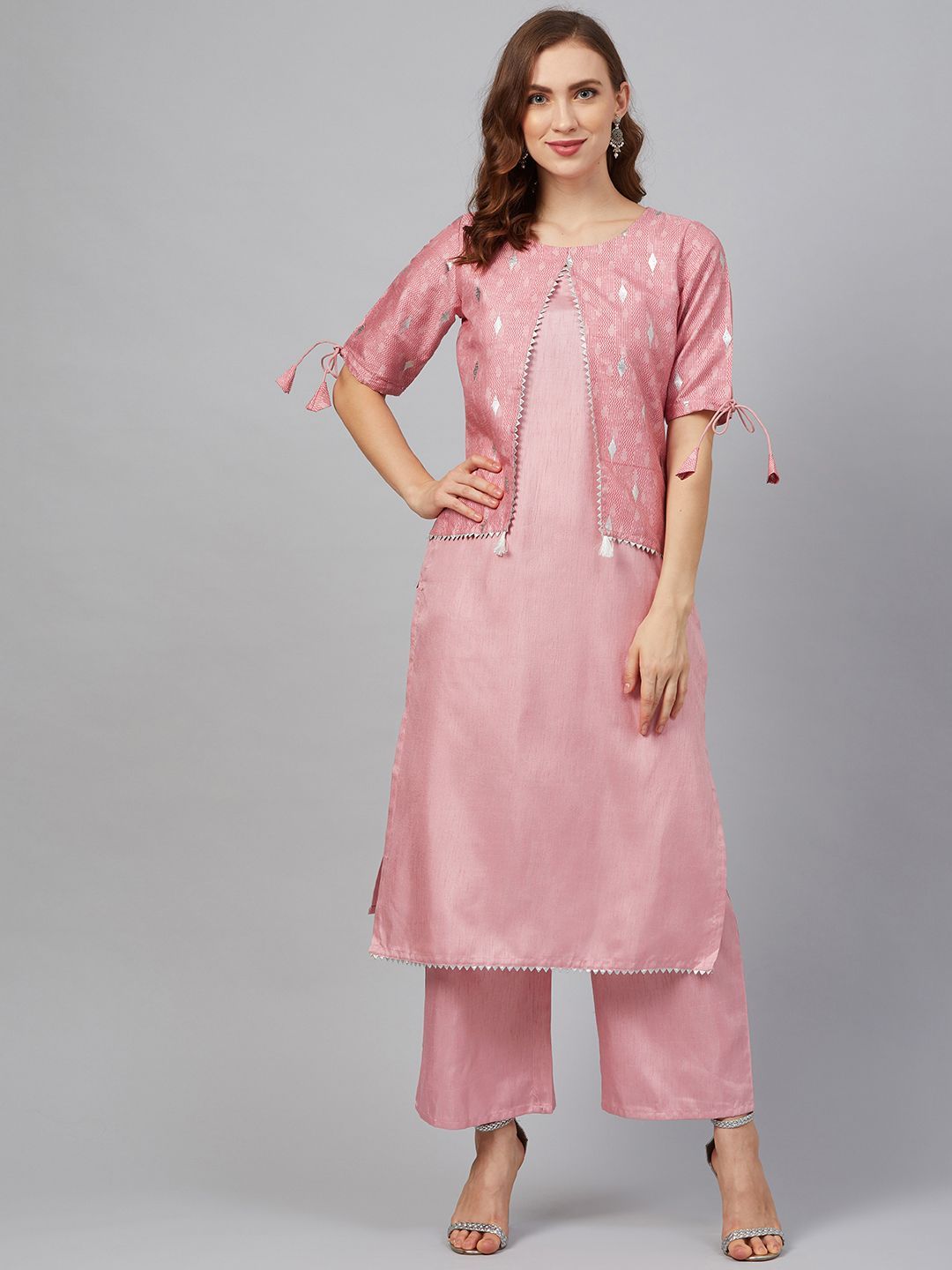 Women Pink Silk  Kurta with Palazzo Set by Ziyaa (2 Pc Set)