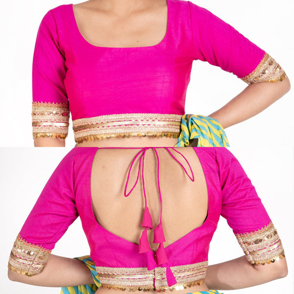 Women's Pink Rawsilk Padded Blouse With Golden Lace Detailing - Boveee