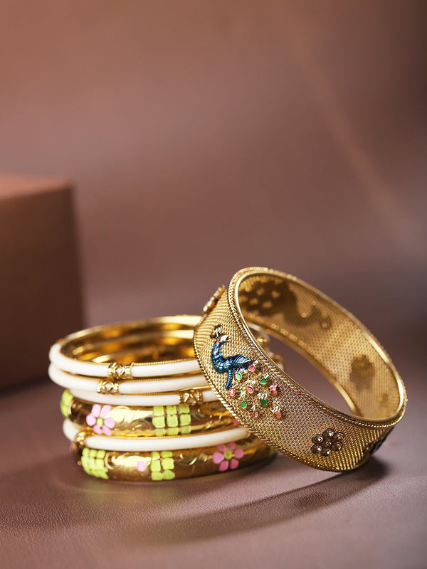 Women's Set Of 7 Gold-Plated Peacock Inspired Meenakari Bangles - Priyaasi