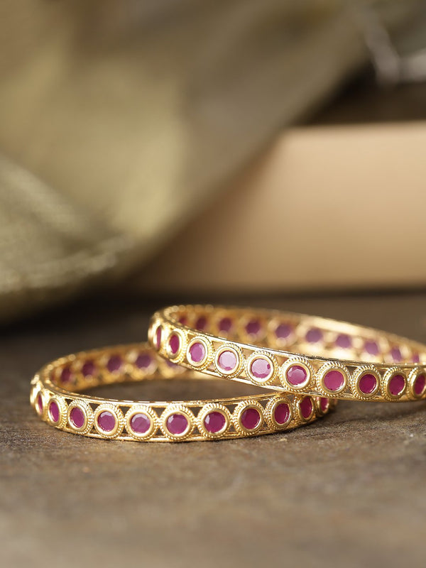 Women's Set Of 2 Gold-Plated Circular Patterned Ruby Studded Bangles - Priyaasi