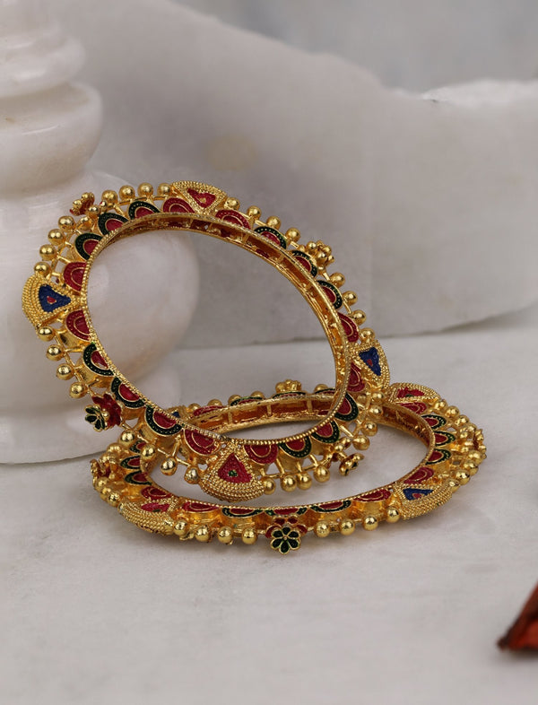 Women's Set of 2 Gold Plated Red and Blue Colored Embellished Bangles - Priyaasi