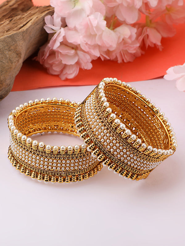 Women's Set Of 2 Gold-Plated Handcrafted Pearl Studded Bangles - Anikas Creation