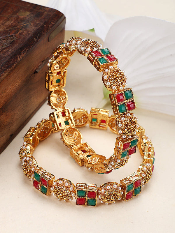 Women's Set Of Two 22K Gold-Plated Red & Green Stone Studded Square Pattern Handcrafted Bangles - Anikas Creation