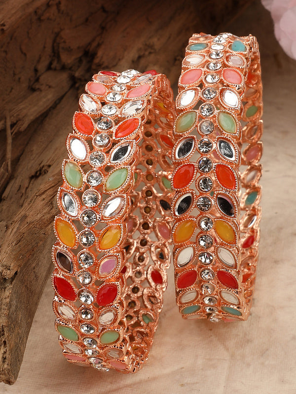 Women's/Girls Statement Rose Gold Plated Leaf Shaped Multicolor Stone Studded Bangle Set - Mode Mania