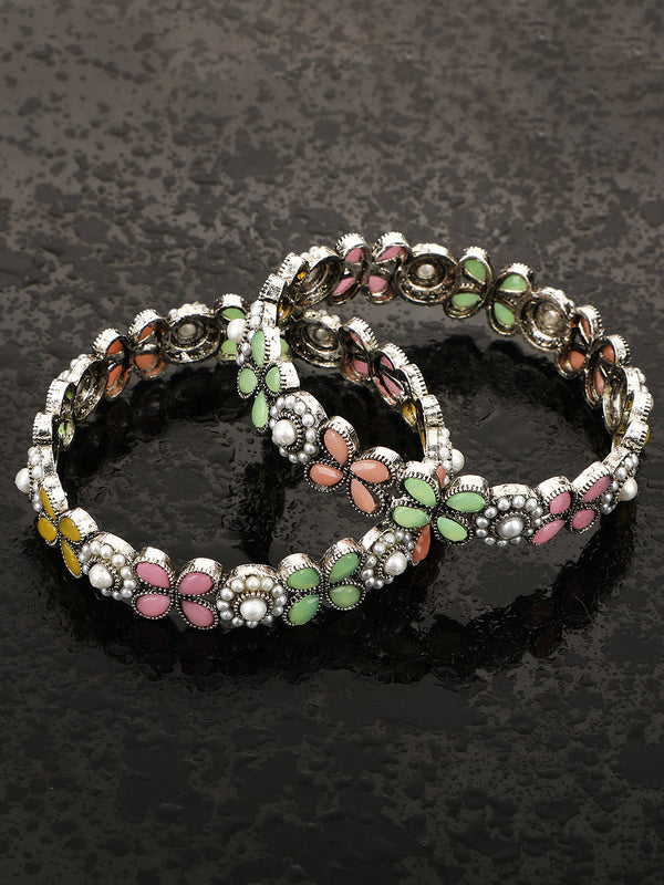 Women's/Girls Statement Oxidised Floral Shape Multcolor Stone Studded Bangle Set Of 2 - Mode Mania