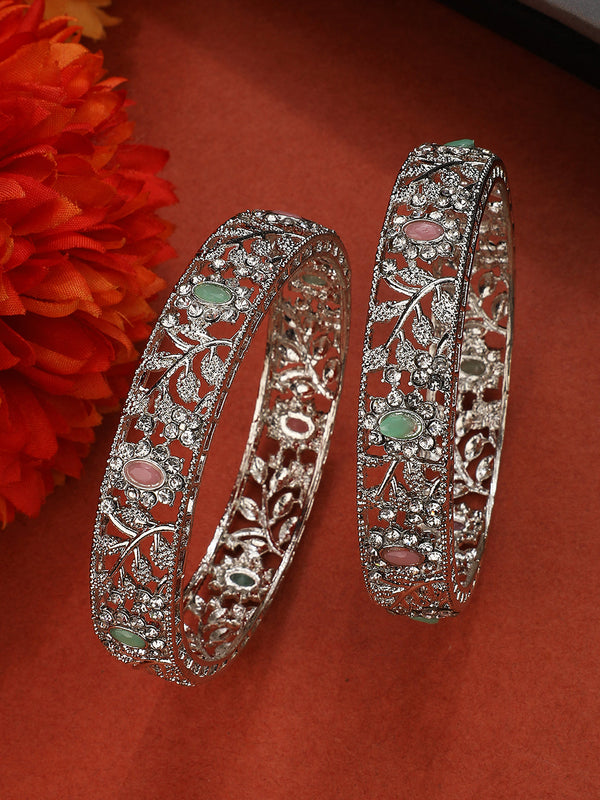 Women's/Girls Statement Silver Plated Floral Shaped Multicolor Stone Studded Bangle Set Of 2 - Mode Mania