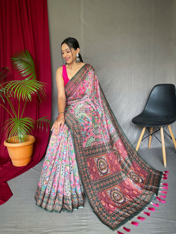 Women's  Pink Color Cotton Bandhani Kalamkari Printed Saree Pink - TASARIKA