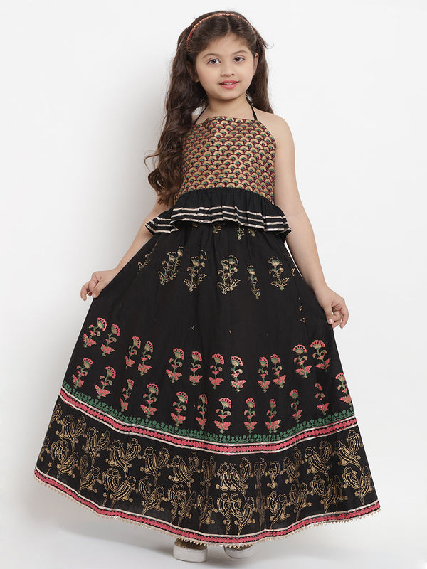 Jashvi Black & Gold-Coloured Block Printed Ready to Wear Lehenga with Blouse