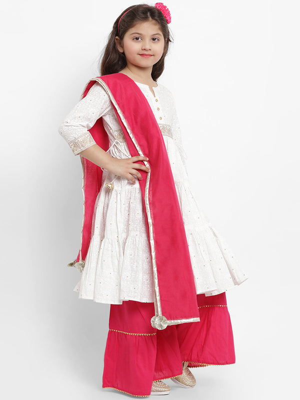 Jashvi White Cotton Khari Print Flaired Anarkali Kurta And Plazzo With Chandri Dupatta