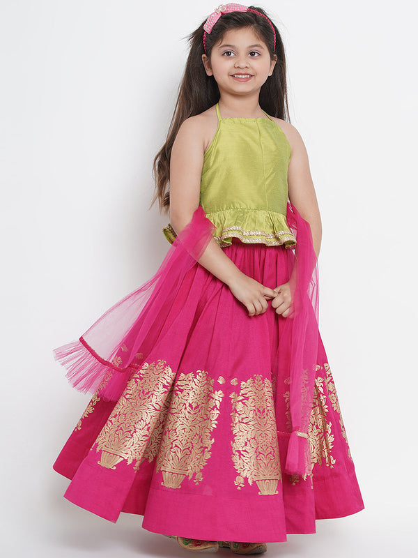 Girls Green & Fuchsia Solid Ready To Wear Lehenga & Blouse With Dupatta - Bitiya By Bhama