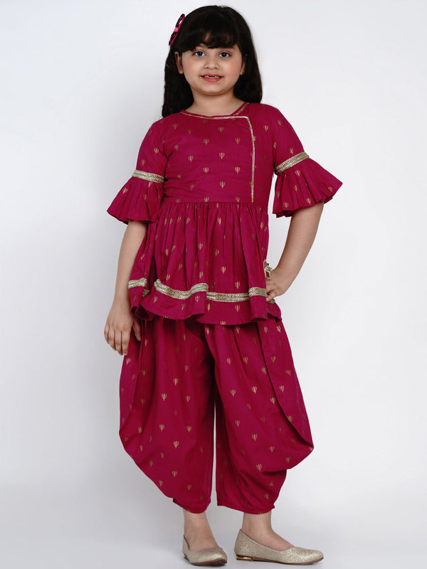 Jashvi Girls Magenta Printed Kurti with Dhoti Pants