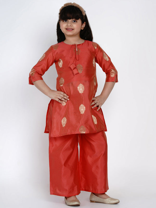 Girl's Peach Round Neck Kurta With Palazzos - Bitiya By Bhama