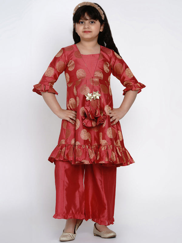 Girl's Peach Round Neck Kurta With Palazzos - Bitiya By Bhama