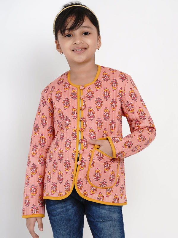 Jashvi  Girls Peach & Mustard Yellow Printed Open Front Jacket