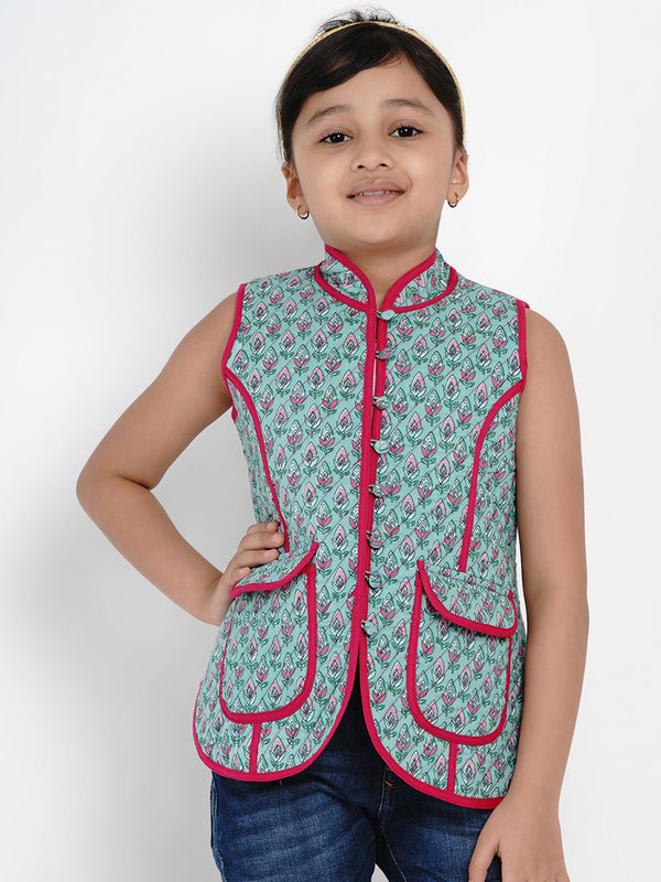 Jashvi  Girls Green & Pink Printed Tailored Jacket