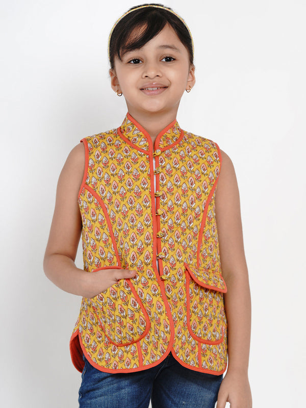 Jashvi  Girls Mustard Yellow Printed Tailored Jacket