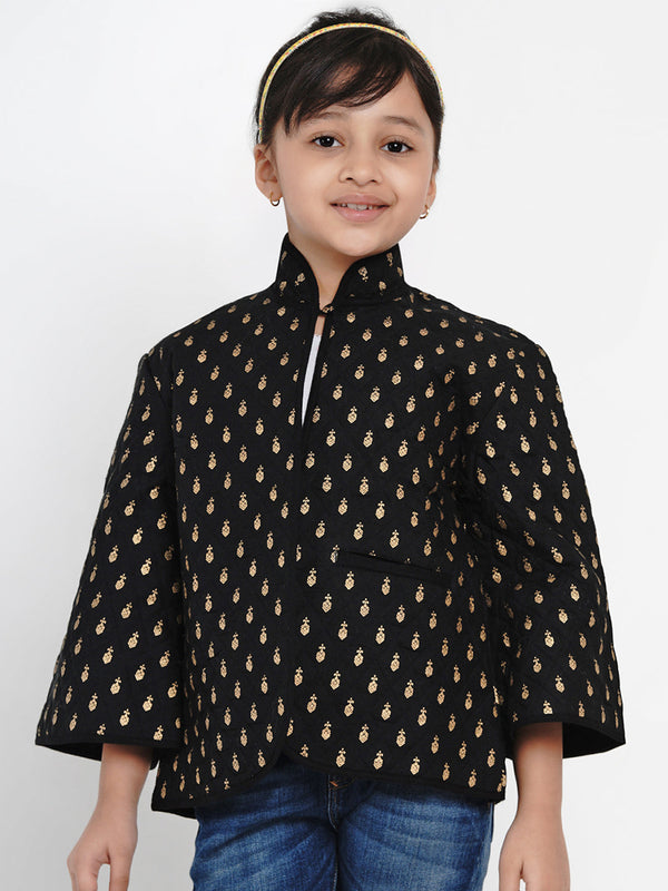 Jashvi  Girls Black & Gold Self Design Tailored Jacket