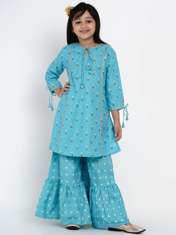 Jashvi Girls Blue & White Printed Kurta with Shararav