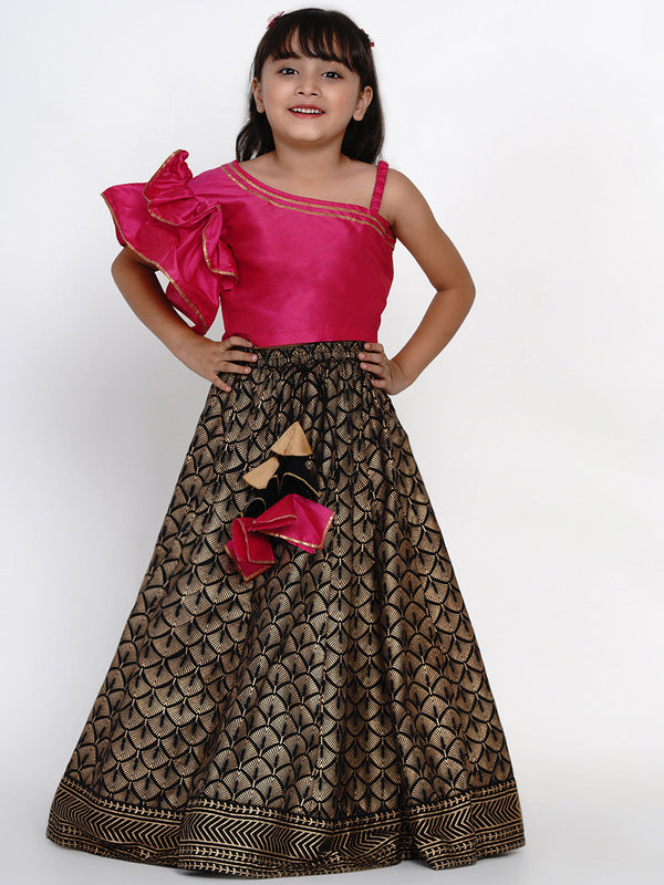 Jashvi  Girls Pink & Black Printed Ready to Wear Lehenga & Blouse