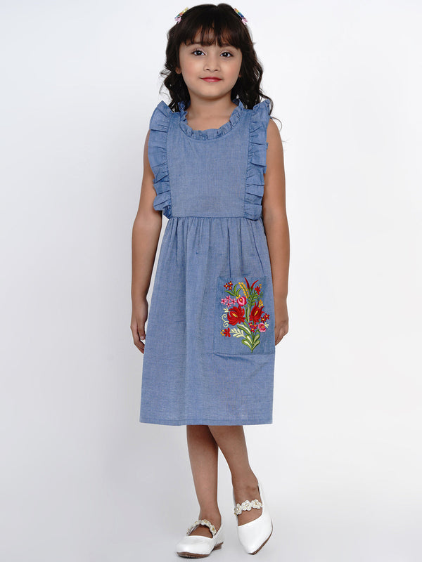 Jashvi Girls Blue Solid Fit and Flare Dress