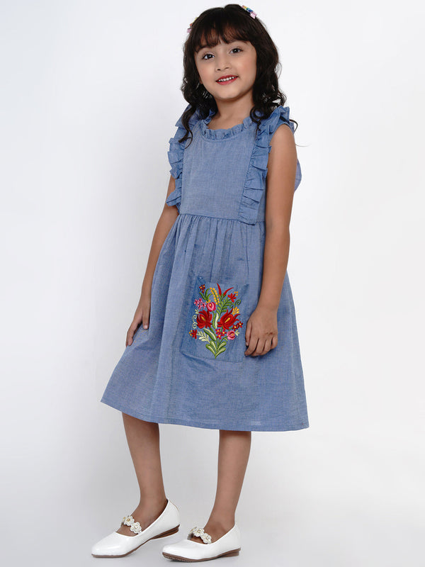 Girl's Blue Solid Fit And Flare Dress - Bitiya By Bhama