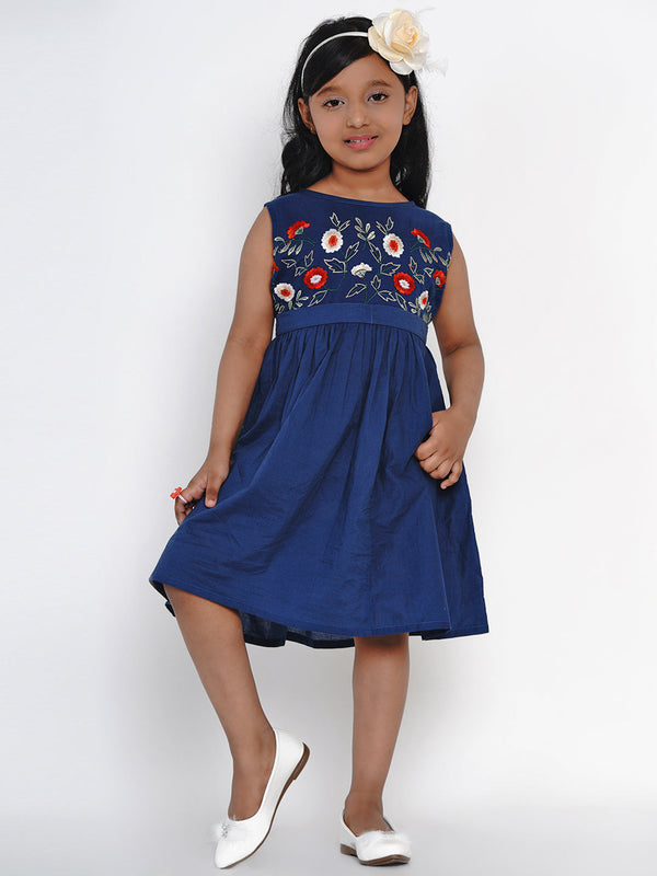 Jashvi Girls Blue Embroidered Fit and Flare Dress