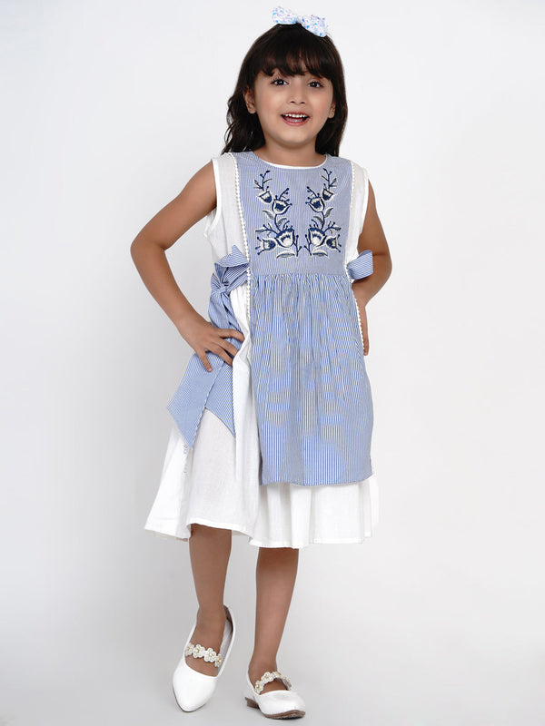 Jashvi Girls Blue & White Striped Fit and Flare Layered Dress