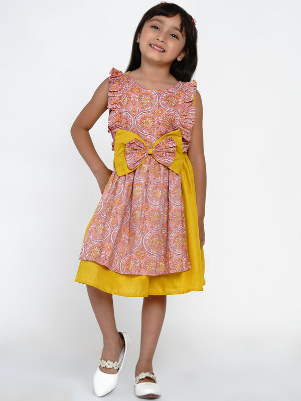 Girl's Yellow & Pink Floral Printed Cotton Layered Fit And Flare Dress - Bitiya By Bhama