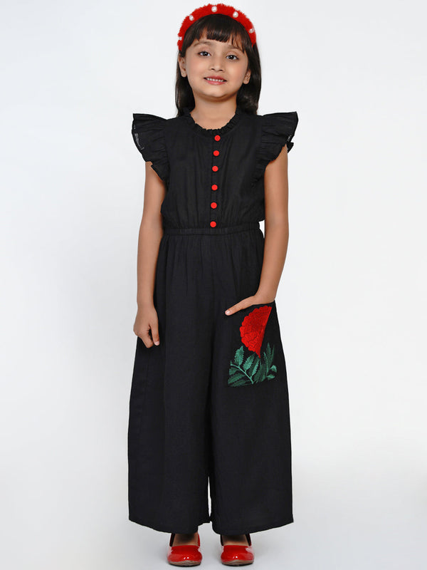 Girl's Black & Red Solid Basic Jumpsuit - Bitiya By Bhama