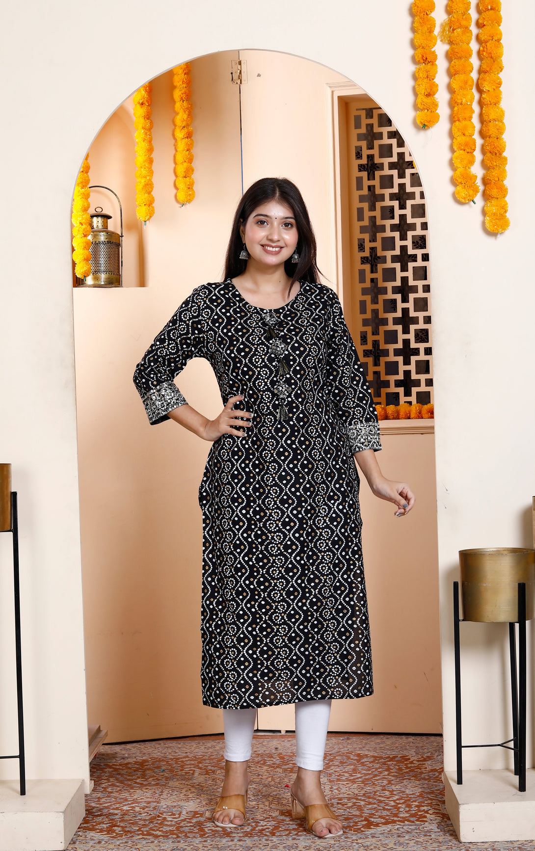 Women's Rayon Embroidery Black Bandhani Printed Straight Kurti - Miravan