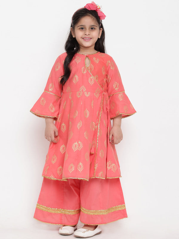 Girl's Peach-Coloured Woven Design Kurti With Palazzos - Bitiya By Bhama