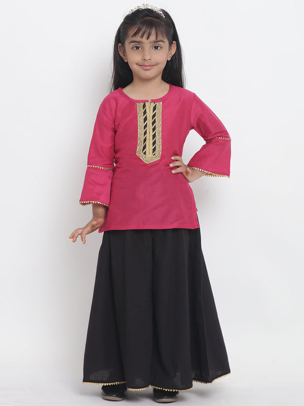 Jashvi  Girls Pink & Black Ready to Wear Lehenga & Blouse