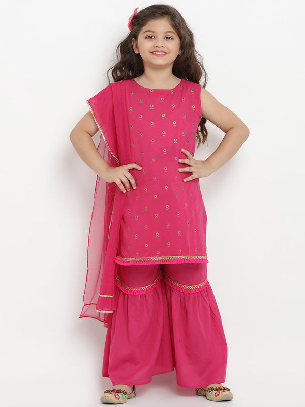 Jashvi Girls Fuchsia Printed Kurta with Sharara & Dupatta