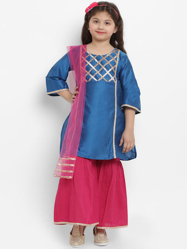 Jashvi Girls Blue Angrakha Gotta Patti Dupion Silk Kurta with Palazzos & With Dupatta