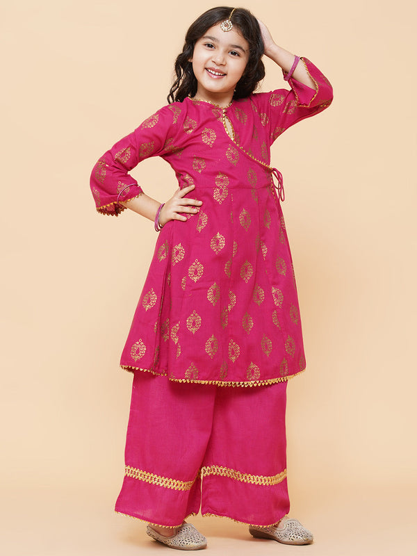 Girl's Fuchsia Embroidered Kurti With Palazzos - Bitiya By Bhama