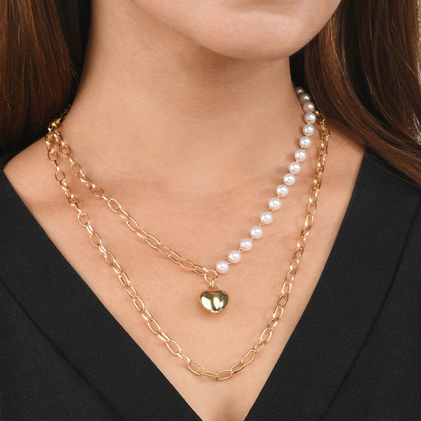 Women's Trendy Essentials Faux Pearls Heart Motif Chain Necklace - Voylla