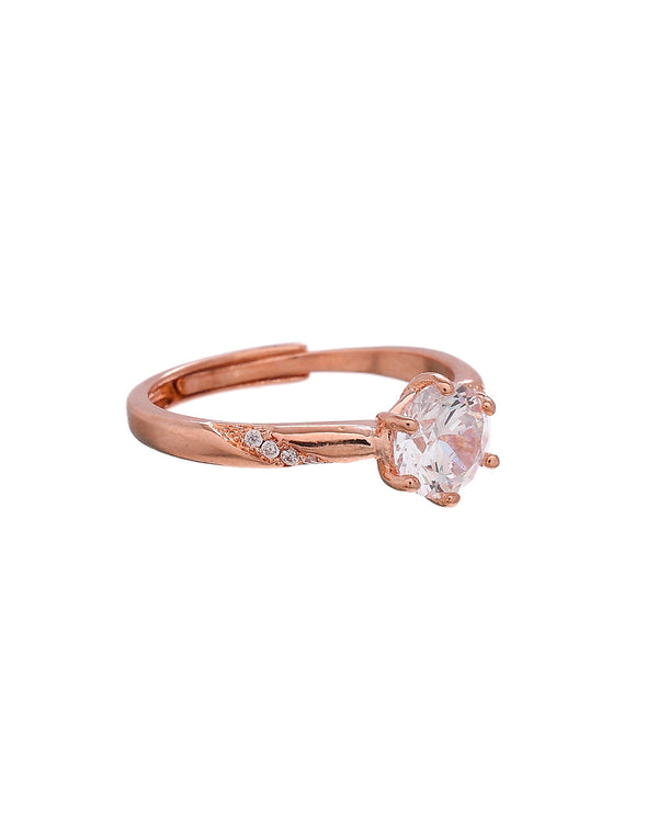 Women's High Set Round Cut Zircon Rose Gold Plated Brass Ring - Voylla