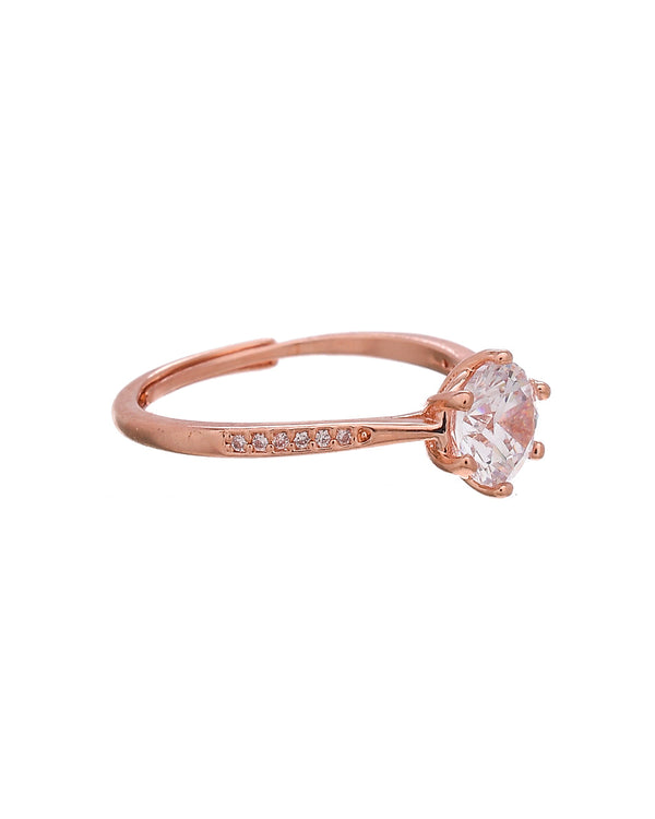 Women's High Set Round Cut Zirconia Rose Gold Plated Brass Thin Band Ring - Voylla