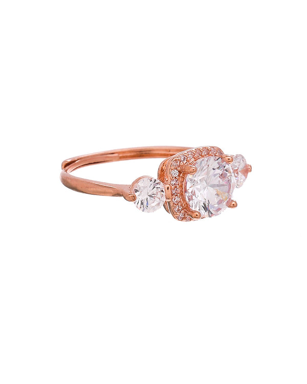 Women's Rose Gold Emerald And Round Cut Zircons Adorned Brass Ring - Voylla