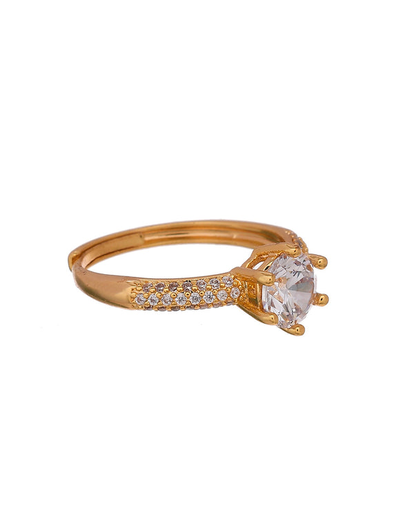 Women's Six Prong Setting High Set Round Cut Zircon Gold Plated Brass Ring - Voylla