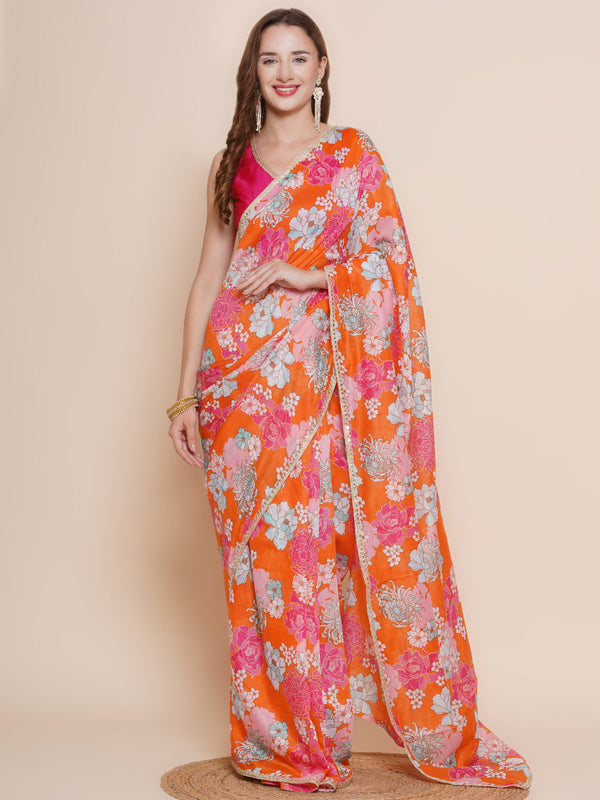 Orange Floral Printed Chanderi Sarees with Embellished border