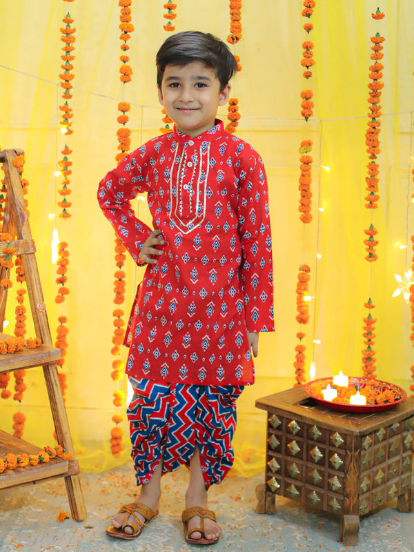 Boy's Red Ethnic Festive Wear Pure Cotton Full Sleeve Dhoti Kurta - BOWNBEE