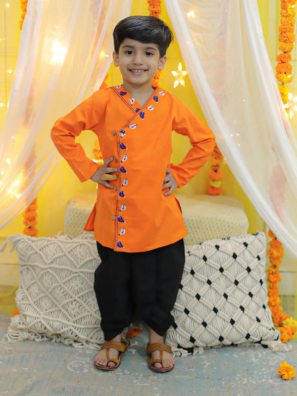 Boy's Orange Embroidery Front Open Cotton Kurta With Dhoti - BOWNBEE