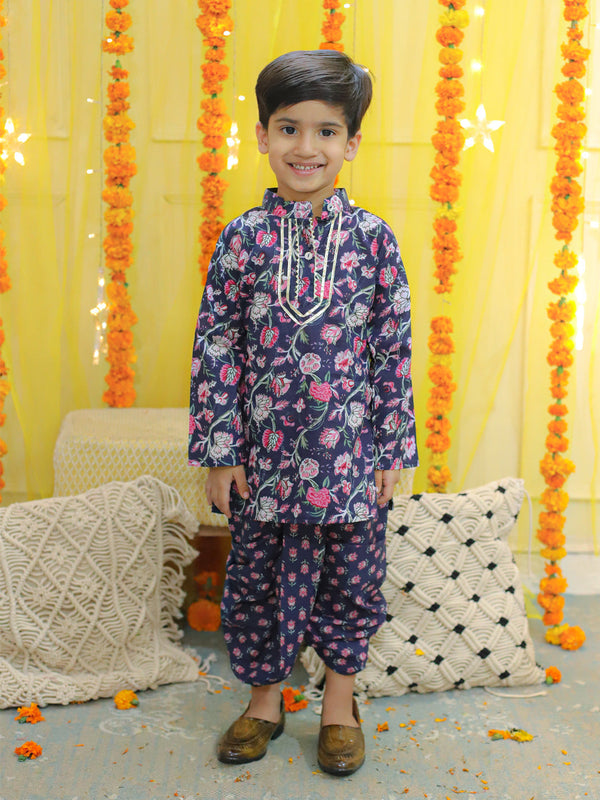 Boy's Blue Pure Cotton Full Sleeve Printed Kurta With Printed Dhoti - BOWNBEE